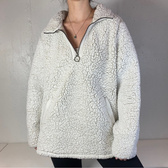 White Fluffy Teddy Sherpa Quarter Zip Pullover Sweatshirt - Picture 1 of 9